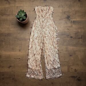 SHEIN X Disco Club Gold Nude Lined Sequin Fringe Shaggy Jumpsuit Small